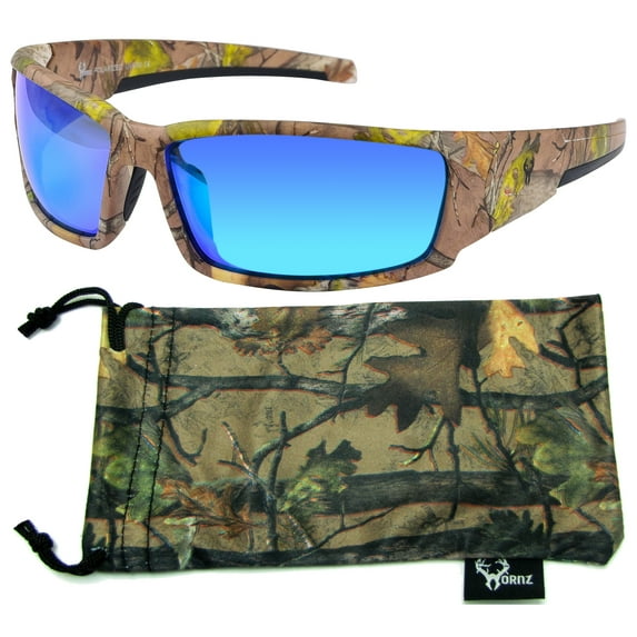Hornz Brown Forest Camouflage Polarized Sunglasses for Men - Aquabull - Free Matching Microfiber Pouch - Brown Camo Frame - Ice Blue Lens