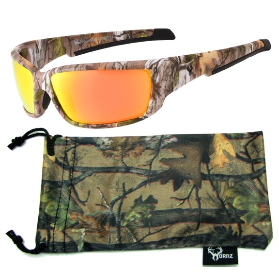Hornz Brown Forest Camouflage Polarized Sunglasses for Men Full Frame Strong Arms & Free Matching Microfiber Pouch - Brown Camo Frame - Orange Lens