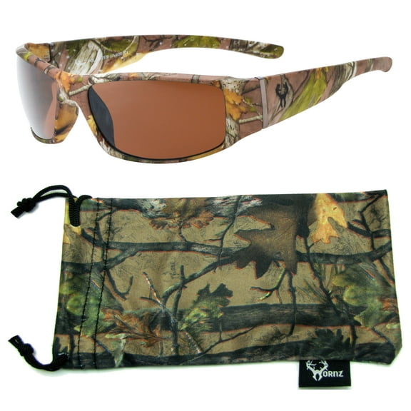 Hornz Brown Forest Camouflage Polarized Sunglasses for Men Full Frame Wide Arms & Free Matching Microfiber Pouch – Brown Camo Frame – Amber Lens