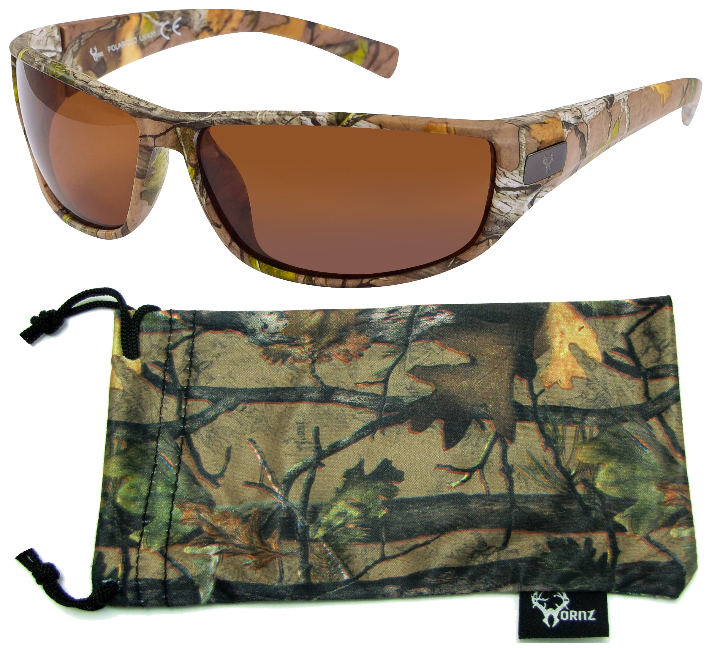 Hornz Brown Forest Camouflage Polarized Sunglasses for Men - WhiteTail -  Free Matching Microfiber Pouch - Brown Camo Frame - Smoke Lens