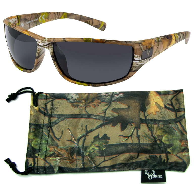 Hornz Brown Forest Camouflage Polarized Sunglasses for Men - WhiteTail -  Free Matching Microfiber Pouch - Brown Camo Frame - Smoke Lens