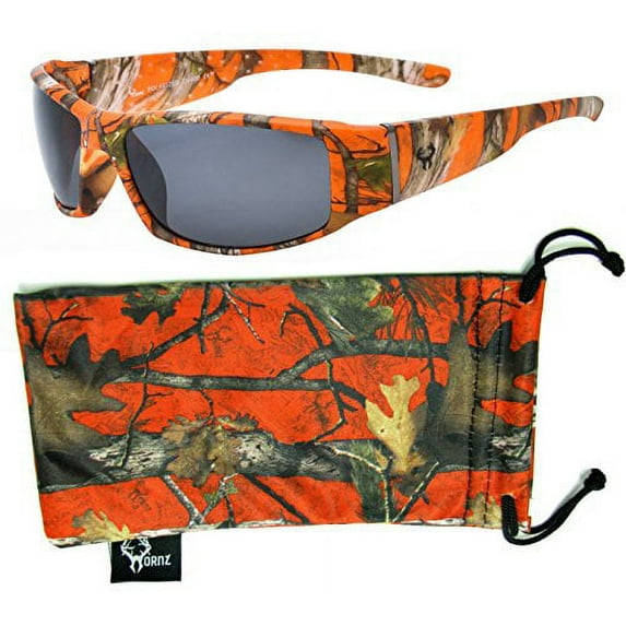 Hornz Orange Camouflage Polarized Sunglasses for Men Full Frame Wide Arms & Free Matching Microfiber Pouch - Orange Camo Frame - Smoke Lens