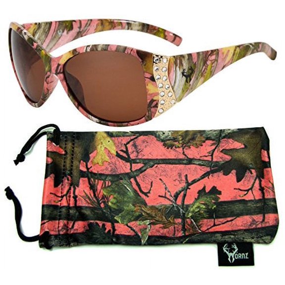 Hornz Pink Camouflage Polarized Sunglasses for Women Rhinestone Accents & Free Matching Microfiber Pouch - Pink Camo Frame - Amber Lens