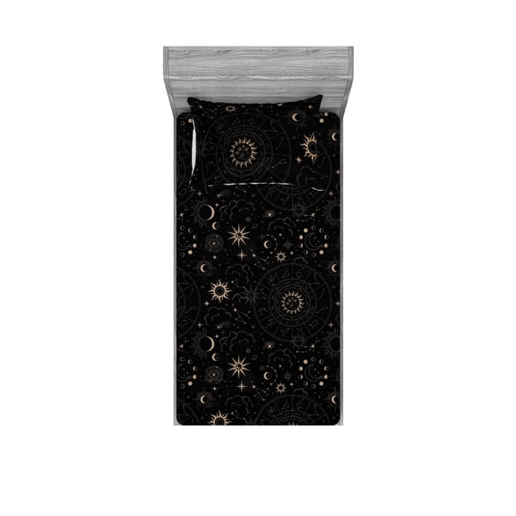 Horoscope Fitted Sheet & Pillow Sham Set, Esoterism Inspired Sun and Moon Drawing With Zodiac Sign Pattern, Decorative Printed 2 Piece Bedding Decor, Twinxl, Charcoal Grey and Eggshell, by Ambesonne