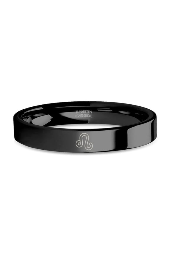 Horoscope Leo Lion Sign Laser Engraved Black Tungsten Ring, 4mm, Size 4.5