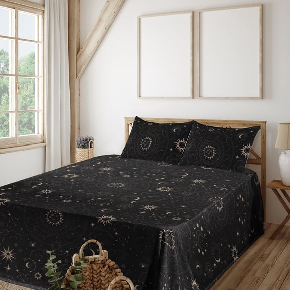 Ambesonne Horoscope Fitted & Flat Sheet with Shams 4 Pcs Set, Esoterism Sun and Moon, Queen, Charcoal Grey and Eggshell