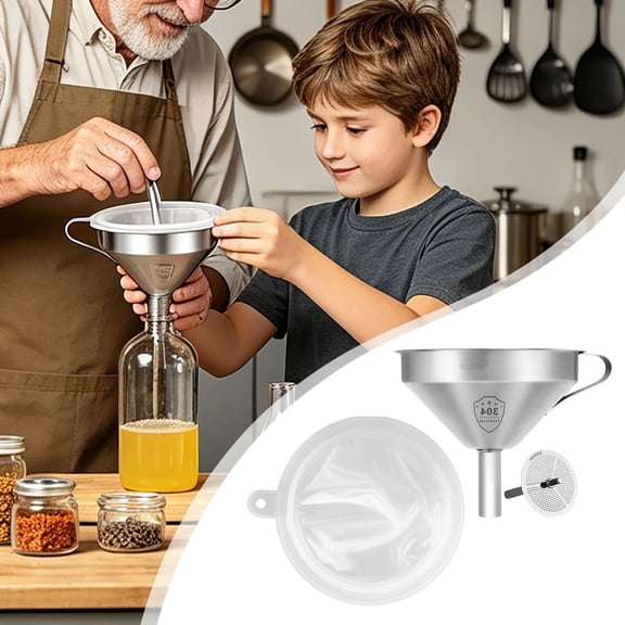 Horplkj 304 Stainless Steel Kitchen Funnel Set, 4Pcs 5.9 Inch Funnel with 2 Fine Mesh Strainers for Oil/Juice/Jam, Silver