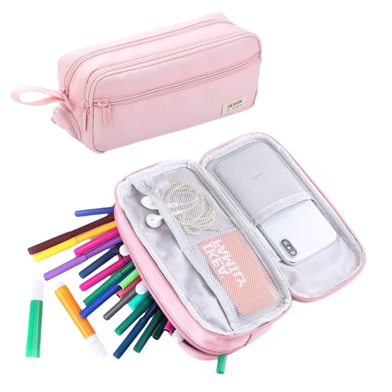 Horplkj Large Capacity Pencil Case with Initial, Expandable Canvas Pencil Pouch Zipper Bag for Sch Teens, Light Pink