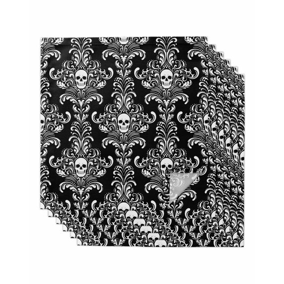 Horrible Skull Cloth Napkins Set of 6 Reusable Dinner Napkins, Halloween Black Flowers Skeleton Cocktail Napkin Washable Table Napkins for Wedding/Holiday Party/Baby Shower 20"x20"