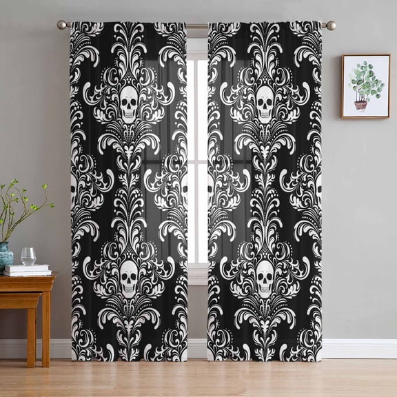 Horrible Skull Sheer Curtains 96 Inches Long 2 Panels Set, Window Sheer Curtains for Living Room/Bedroom, Halloween Black Flowers Skeleton Light Filtering Rod Pocket Curtain 52'' x 96'' x 2