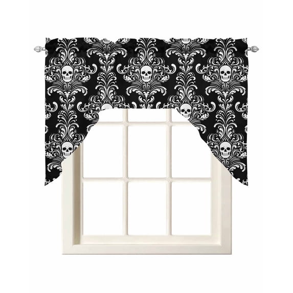 Horrible Skull Swag Valances for Windows, Small Curtains Drapes, Halloween Black Flowers Skeleton Kitchen Window Curtains Over Sink Rod Pocket Window Treatment Valance for Bedroom/Bathroom 56"x36"