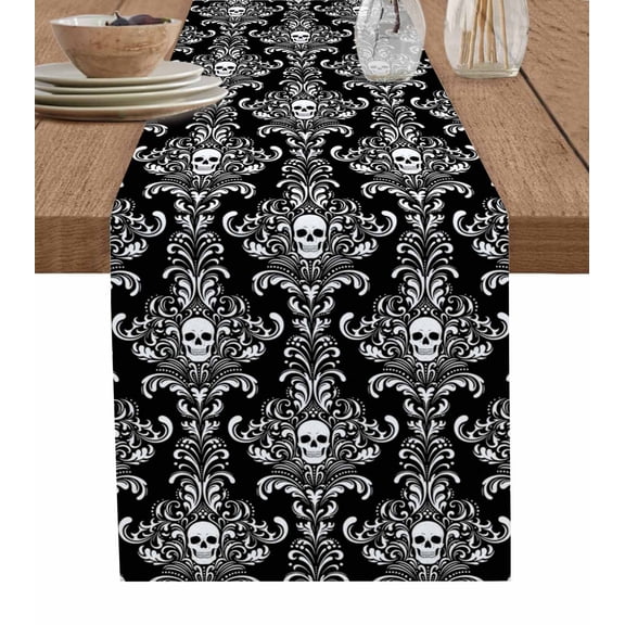 Horrible Skull Table Runner 36 Inches, Halloween Black Flowers Skeleton Bed Runner Dresser Scarves Tabletop for Indoor Outdoor Parties/Ceremony/Banquet, 13"x 36"