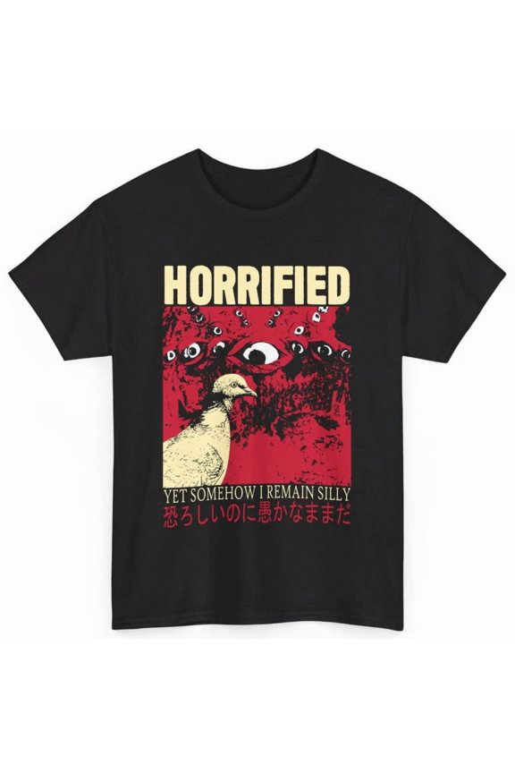 Horrified Pigeon T-Shirt | Funny Existential Bird Meme Tee | Dark Humor Graphic