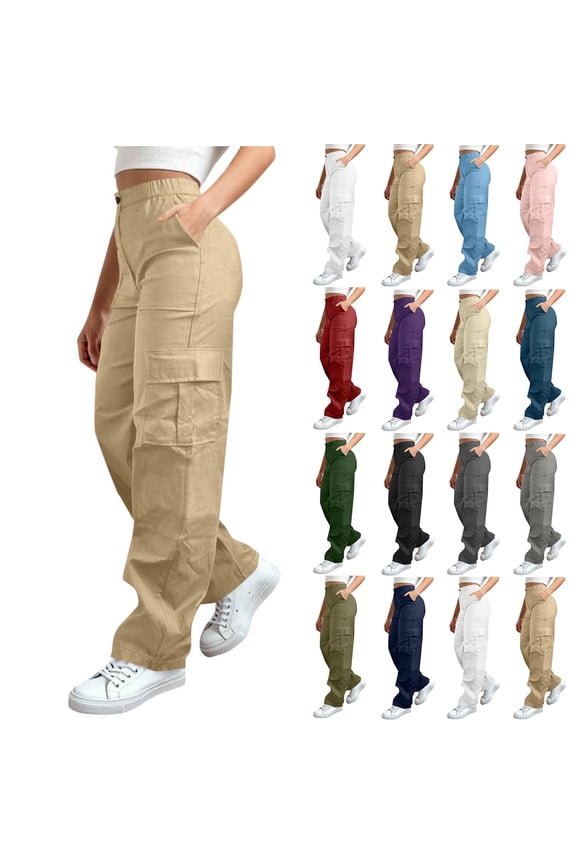 Horrkom Cargo Pants Women Button Zip High Waisted Hiking Pants Casual Loose Straight Leg Pants L