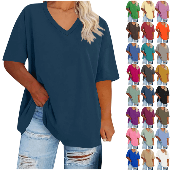 Horrkom Short Sleeve Tops for Women Summer Plus Size V Neck Tops Solid Color Loose Casual Tops L