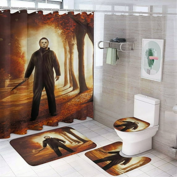 Horror 4-Piece Movie Shower Curtain Sets Bathroom Decor Sets with Rug Toilet Lid Cover,Non-Slip Rug and Non-Slip U Shape Mat and 12 Hooks