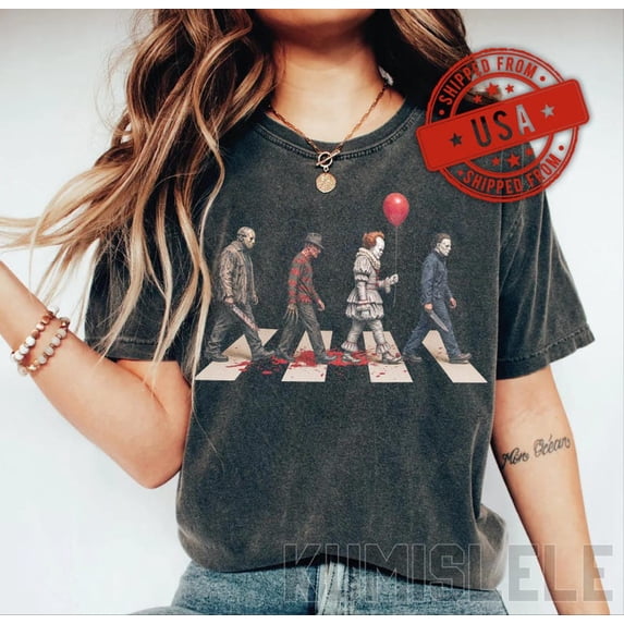 Horror Abbey Road Shirt | Vintage Horror Characters Walking Tee | Halloween Retro Gift