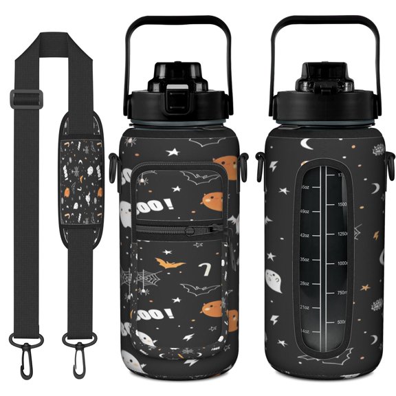 Horror Aesthetic 64oz Large Water Bottle - Retro Skull & Spider Web Print with Storage Pockets for Gym & Running