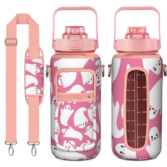 Horror Aesthetic 64oz Large Water Bottle - Retro Skull & Spider Web Print with Storage Pockets for Gym & Running