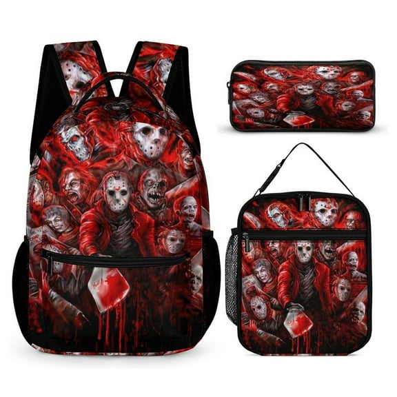 Horror Backpack Movie 17 Inch 3 Piece Set with Insulated Lunch Bag and Pencil Case, Bookbag Laptop Backpack Cartoon Durable Lightweight Casual Backpack