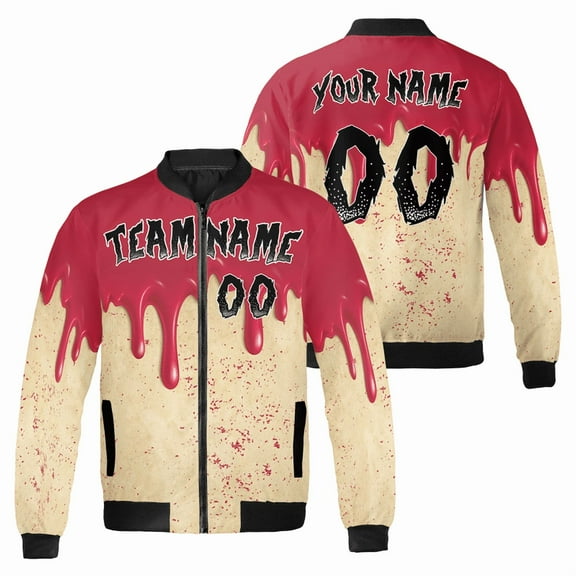 Horror Blood Drip Bomber Jacket – Custom Name & Number – Halloween Scary Team Jacket for Men & Women