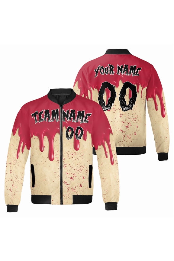 Horror Blood Drip Bomber Jacket – Custom Name & Number – Halloween Scary Team Jacket for Men & Women