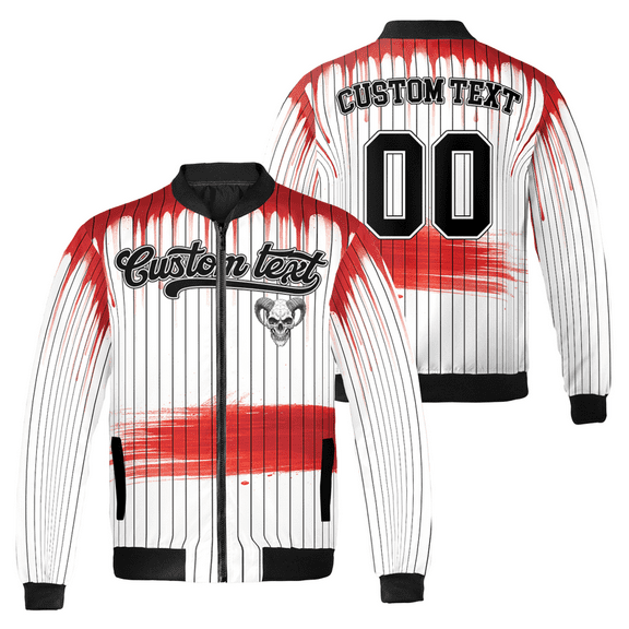Horror Blood Stain Bomber Jacket – Custom Text & Number – Gothic Skull Baseball Style Jacket for Halloween & Streetwear