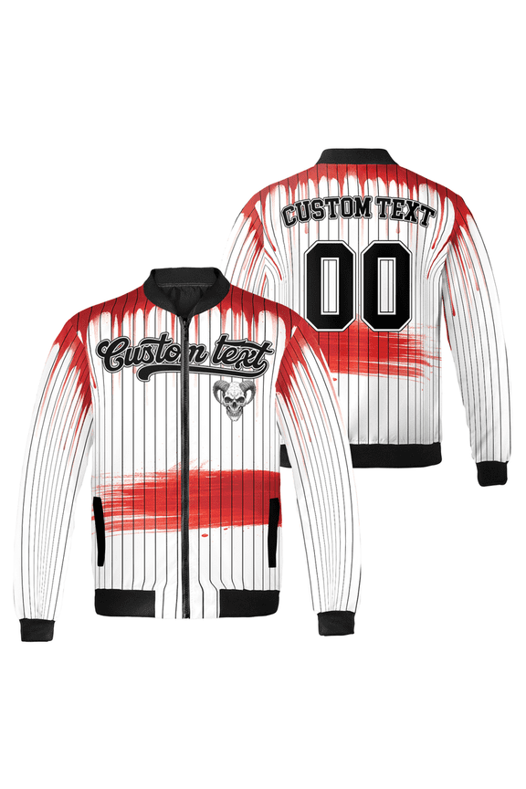Horror Blood Stain Bomber Jacket – Custom Text & Number – Gothic Skull Baseball Style Jacket for Halloween & Streetwear