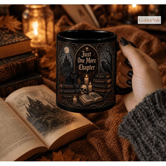 Horror Book Lover Mug, Gothic Just One More Chapter Coffee Cup Gift