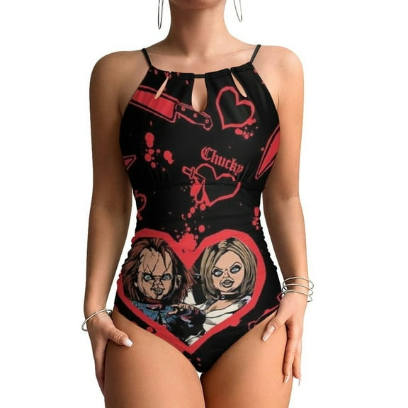 Horror Bride Of Chucky One Piece Swimsuit for Womens High Neck Tummy Control Bathing Suit Summer Mesh Swimwear Beachwear