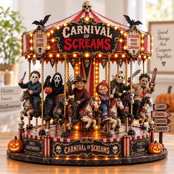 Horror Carnival Carousel Wooden Block Decor, Slasher Movie Monsters Halloween Shelf Sitter