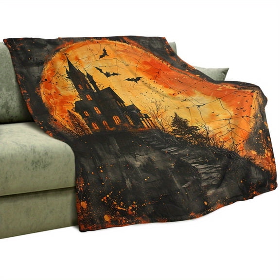 Horror Castle Gothic Throw Blanket - Halloween Decor with Bats, Spider Web & Full Moon - Heavyweight 280GSM Flannel Bedspread/ Couch Cover - Soft Lightweight All-Season Blanket for Home, Office, Trav