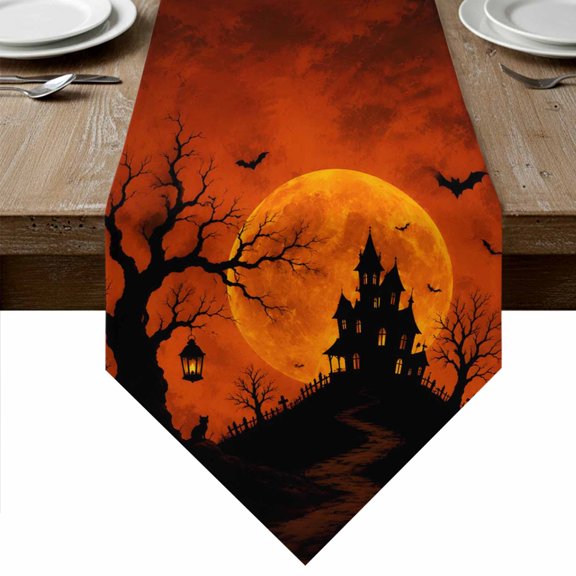Horror Castle Halloween Table Runner Linen Burlap Table Runner 72 Inches Long Orange Moon Black Trees Bats Dresser Scarves for Kitchen Island Coffee Dining Room Party Holiday Decoration 18"x72"