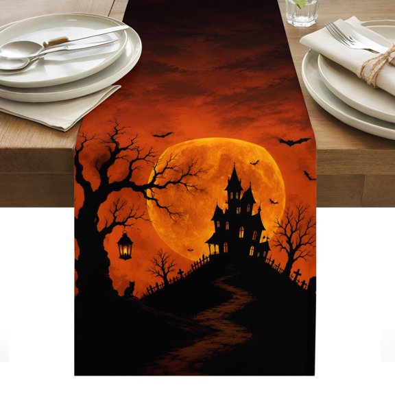 Horror Castle Halloween Table Runner Orange Moon Black Trees Bats Tablerunners 13 x 70 Inch, Table Decorations Tabletop Scarf for Summer Gathering Holiday Farmhouse Kitchen Dining Decor
