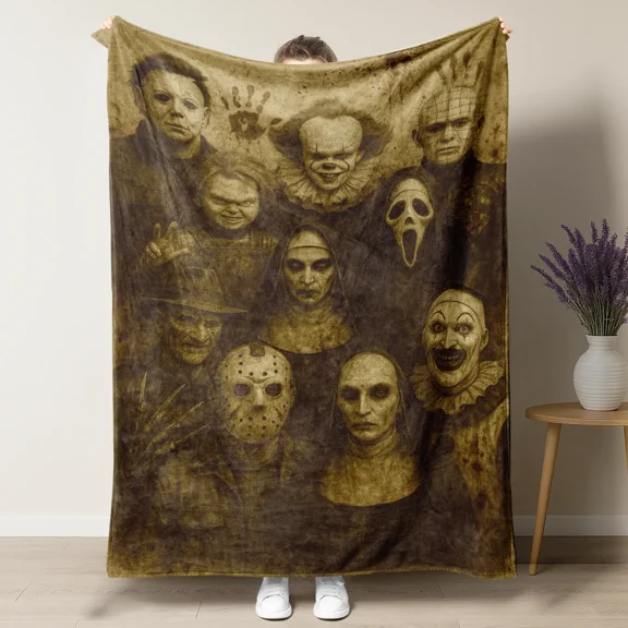 "Horror Characters Family Photo" Soft Funny Throw Blanket Horror Icons Flannel - Cozy Fuzzy Plush Comfy All-Season Sofa Bedroom Dorm Couch Office Car Travel Home Bedding