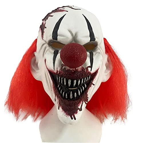 Horror Clown Mask with Red Hair,Full Head Killer Clown Mask,Realistic Scary Evil Joker Mask with Teeth,Horror Devil Smile Clown Mask for Halloween Party Carnival Birthday