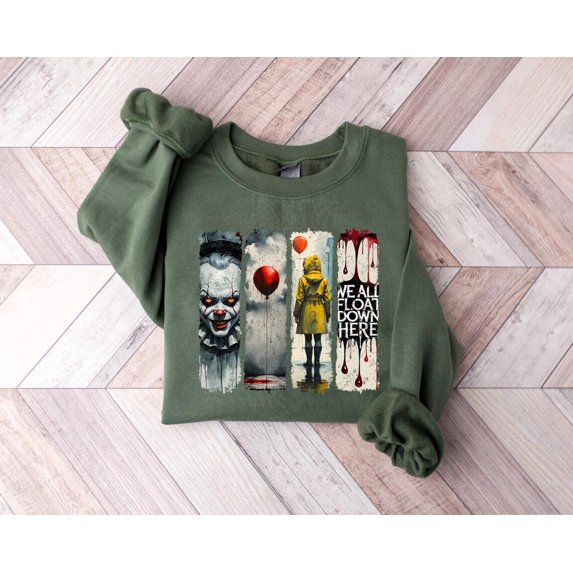 Horror Clown Sweatshirt: "We All Float Here" Halloween Sweater, Halloween Movie Sweatshirt,Military Green Color,Size 2XL