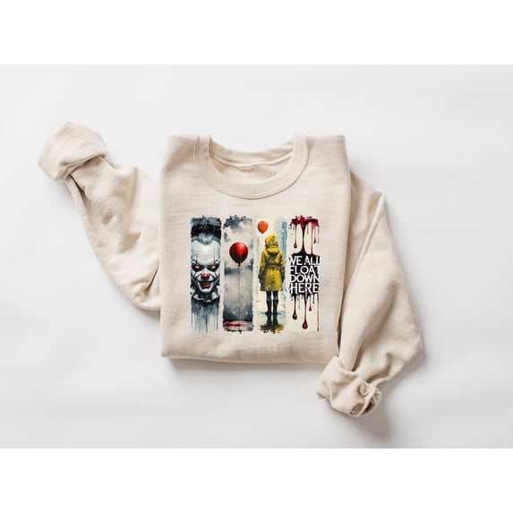 Horror Clown Sweatshirt: "We All Float Here" Halloween Sweater, Halloween Movie Sweatshirt