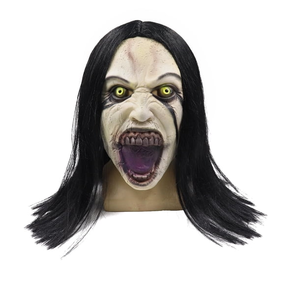 Horror Crying Woman Mask with Wigs Scary Evil Ghost Devil Creepy Demon Latxe Cosplay Props for Halloween Masquerade Party