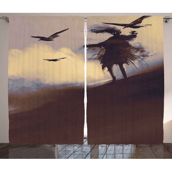 Ambesonne Horror Curtains 2 Panel Set, Dark Soul Crows on Hills, 108" x 84", Brown Mauve Beige