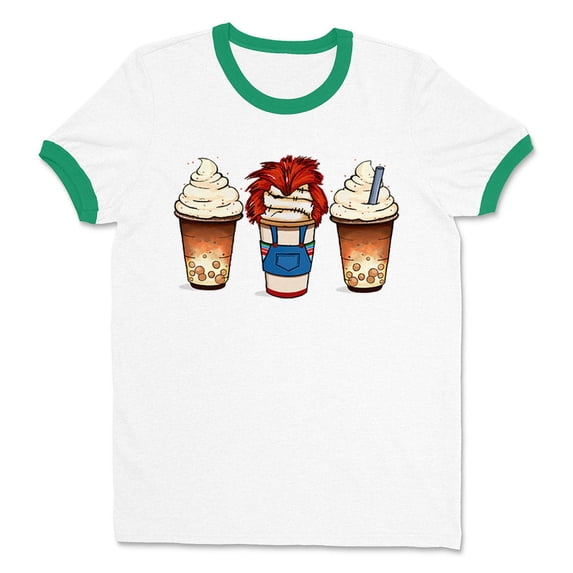 Horror Doll Coffee Ringer Tee Shirt Unisex Medium White/Kelly Green