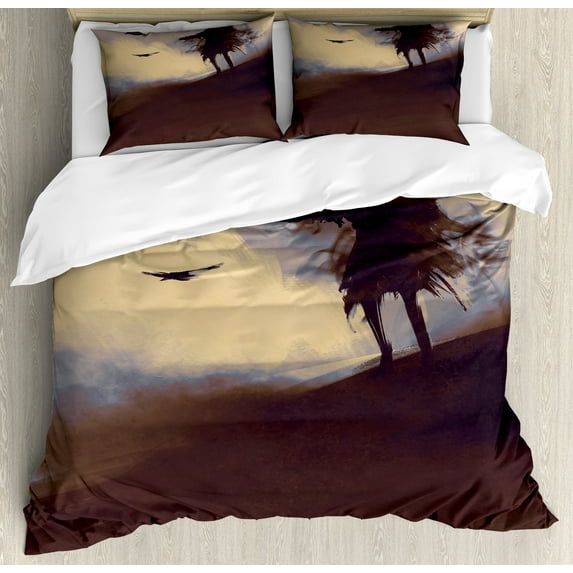 Horror Duvet Cover Set, Dark Soul from a Scary Movie on the Hills with Clouds and Flying Crows Print, Decorative 3 Piece Bedding Set with 2 Pillow Shams, King Size, Brown Mauve Beige, by Ambesonne