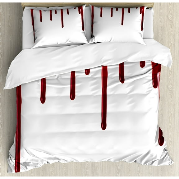 Horror Duvet Cover Set, Flowing Blood Horror Spooky Halloween Zombie Scary Help Me Themed Illustration, Decorative 3 Piece Bedding Set with 2 Pillow Shams, Calking Size, Red White, by Ambesonne
