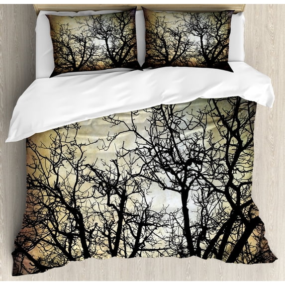 Horror Duvet Cover Set Queen Size, Scary Twilight Scene with Grunge Tree Branch Silhouette over Dirty Night Sky Image, Decorative 3 Piece Bedding Set with 2 Pillow Shams, Sepia Black, by Ambesonne