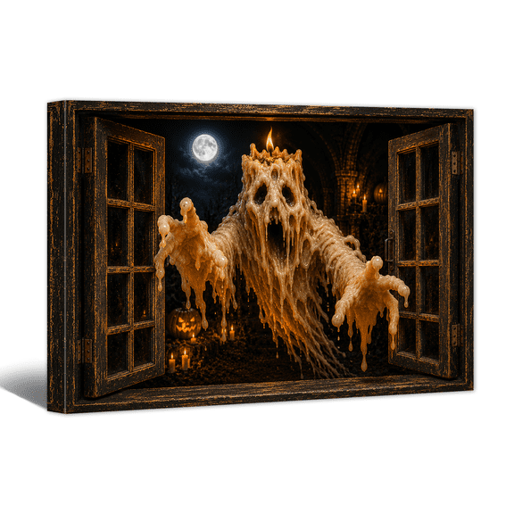 Horror Figure Window Canvas Wall Art Candle Ghost Come In Picture Print, Spooky Halloween Artwork Dark Academia Painting for Living Room Bedroom Home Decor