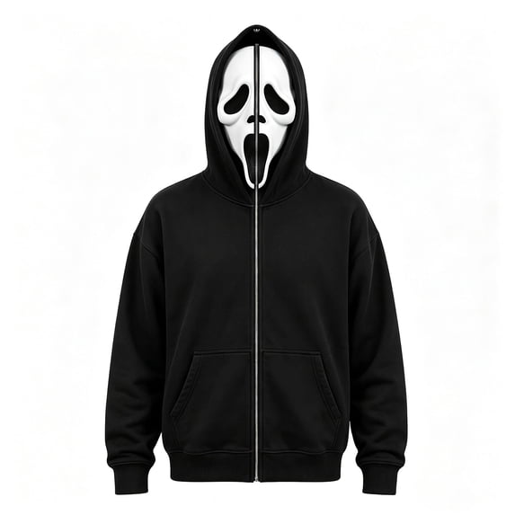 Horror Ghost Face Full Zip Hooded Sweatshirt, Novelty Masked Hood Activewear Apparel for Adults Halloween Cosplay
