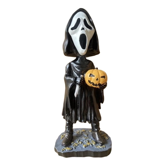 Horror Ghost Face Resin Ornament 6.7 Inch,  Slasher Movie Figurine with Blood Stained Base, Collectible Desktop Statue for Halloween Decor Fans Gift
