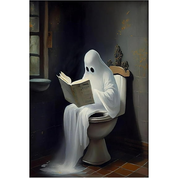 Horror Ghost Posters Fun Ghost on Toilet Wall Decor Vintage Halloween Decoration Gothic Victorian Ghost Reading Book in Bathroom Canvas Print for Bathroom Living Room Home Decorinch Unframed
