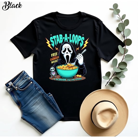 Horror Ghost Stab-A-Loops Cereal T-Shirt: Funny Halloween Costume Tee ...