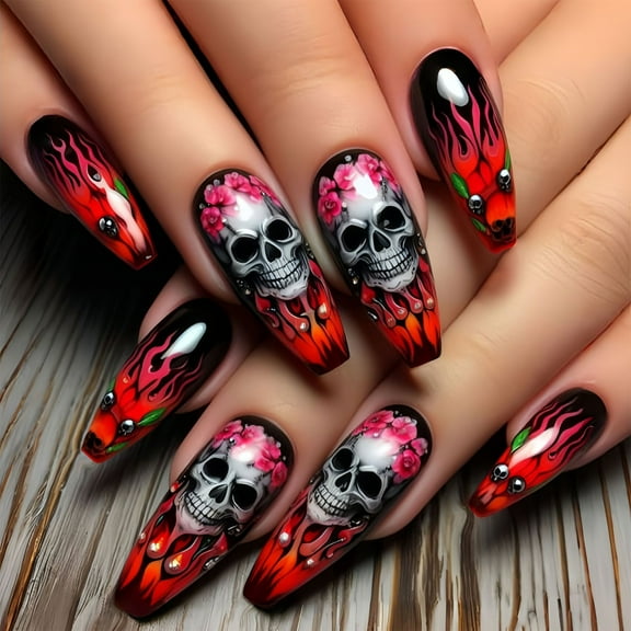 Horror Gothic Bat Skull False Nails, Blood Red Floral Design ABS Materials Party Accessories 24pcs